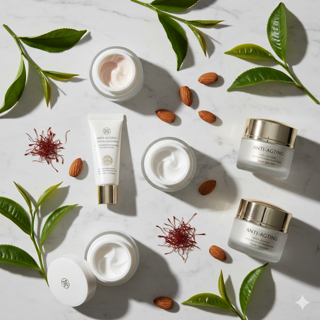 एंटी-एजिंग क्रीम्स के जार और ट्यूब, उनके मुख्य तत्वों जैसे बादाम, केसर और हरी चाय की पत्तियों के साथ एक मार्बल पृष्ठभूमि पर रखे हुए हैं।