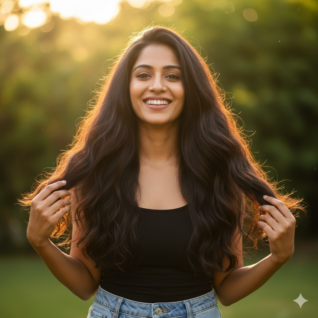 शैम्पू हैक का उपयोग करने के बाद शानदार परिणाम: एक महिला लंबे, घने और चमकदार बालों के साथ बाहर मुस्कुरा रही है।