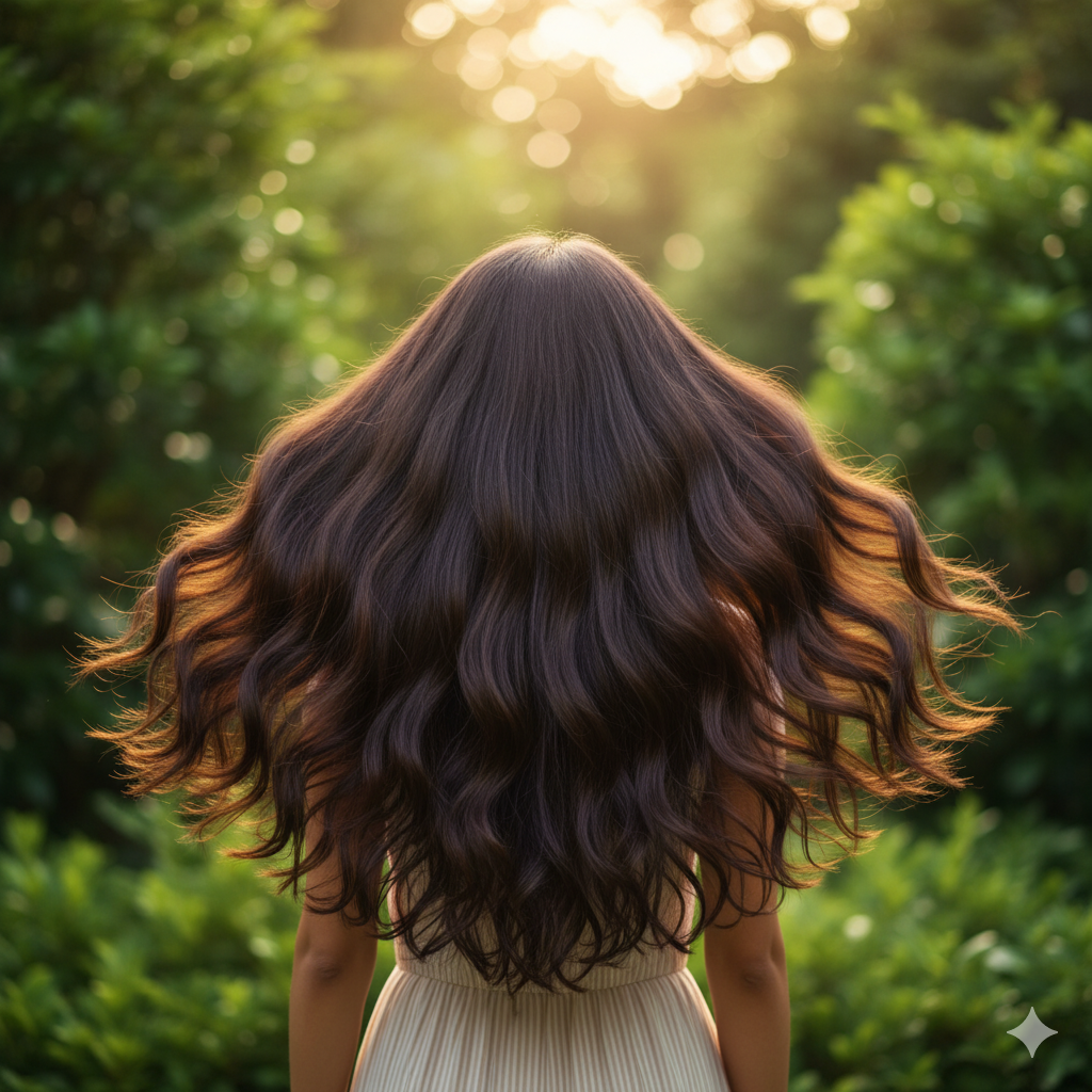 हेयर ग्रोथ सीरम के उपयोग के बाद के परिणाम: चमकदार, घने और स्वस्थ बाल जो बालों के विकास और पुनर्विकास को दर्शाते हैं।