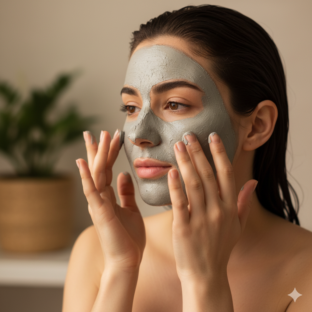 ब्लैकहेड्स और व्हाइटहेड्स को साफ करने के लिए सप्ताहिक डीप क्लीनिंग रूटीन के दौरान एक महिला अपने चेहरे पर
