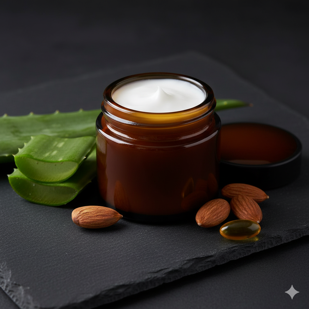 "पिगमेंटेशन हटाने के लिए एलोवेरा, बादाम के तेल और विटामिन E से बनी DIY होममेड नाइट क्रीम का जार।"