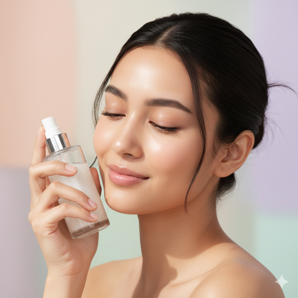 कोरियन ग्लास स्किन वाली एक महिला राइस वॉटर मिस्ट/टोनर स्प्रे बोतल को अपने चेहरे के पास पकड़कर उपयोग कर रही है। उसकी त्वचा चमकदार और निखरी हुई दिख रही है।