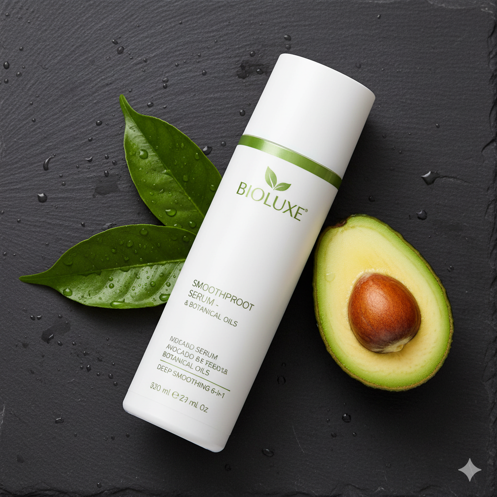 फ्रिज़ी बालों के लिए हेयर सीरम: Matrix Biolage Smoothproof सीरम की बोतल, एवोकैडो और वनस्पति तेलों के साथ एक काली स्लेट पर रखी हुई है।