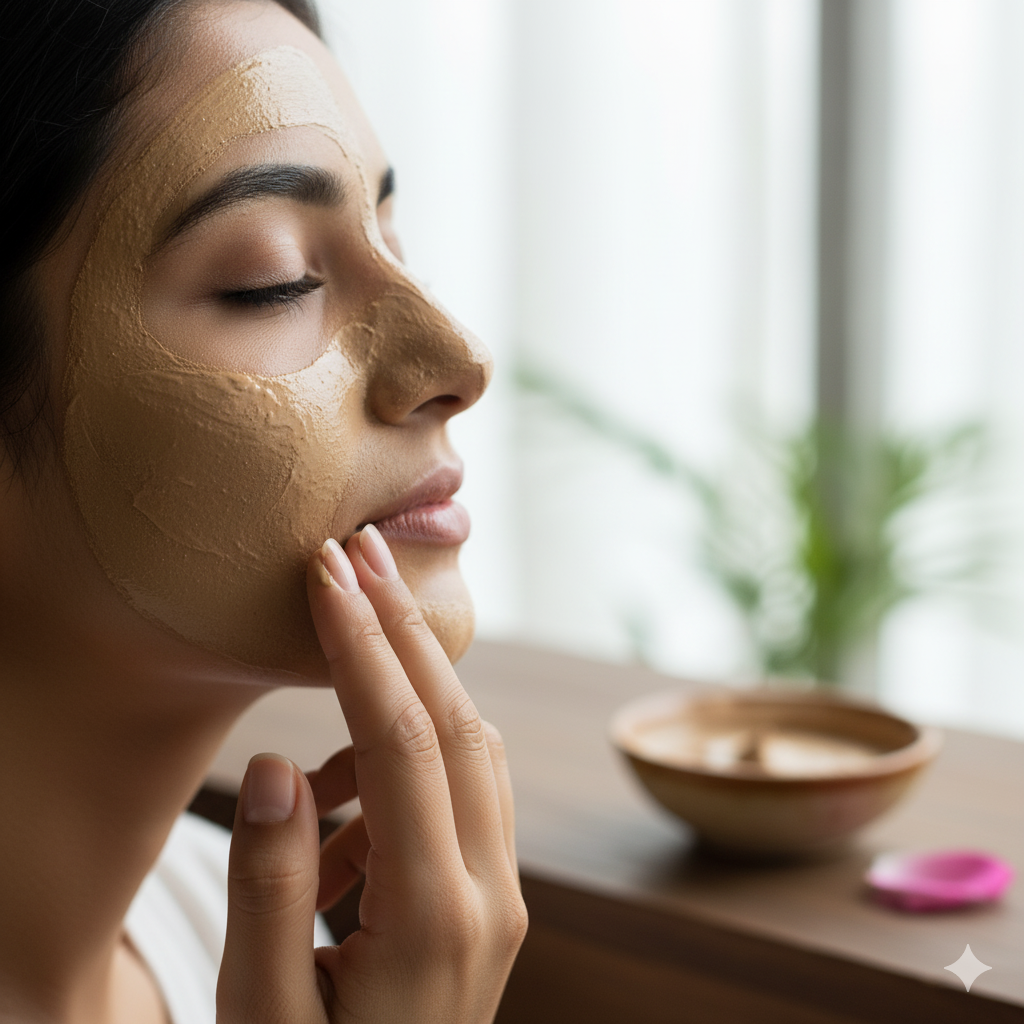 Alt Text: "एक महिला ओपन पोर्स (open pores) ट्रीटमेंट के लिए मुल्तानी मिट्टी का फेस पैक लगा रही है।"