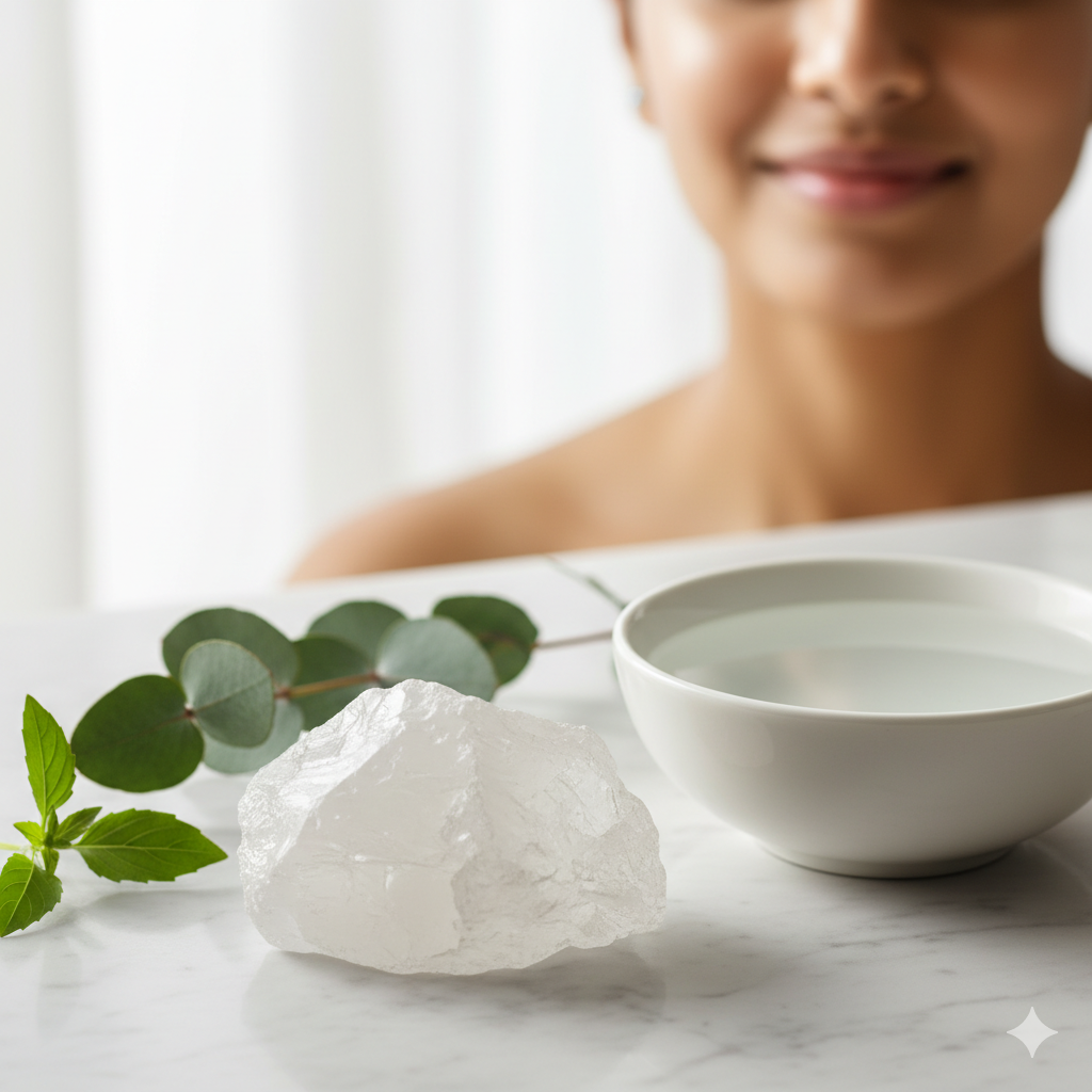 खुले रोमछिद्रों और Acne Scars के इलाज के लिए फिटकरी का एक टुकड़ा और पानी की कटोरी।