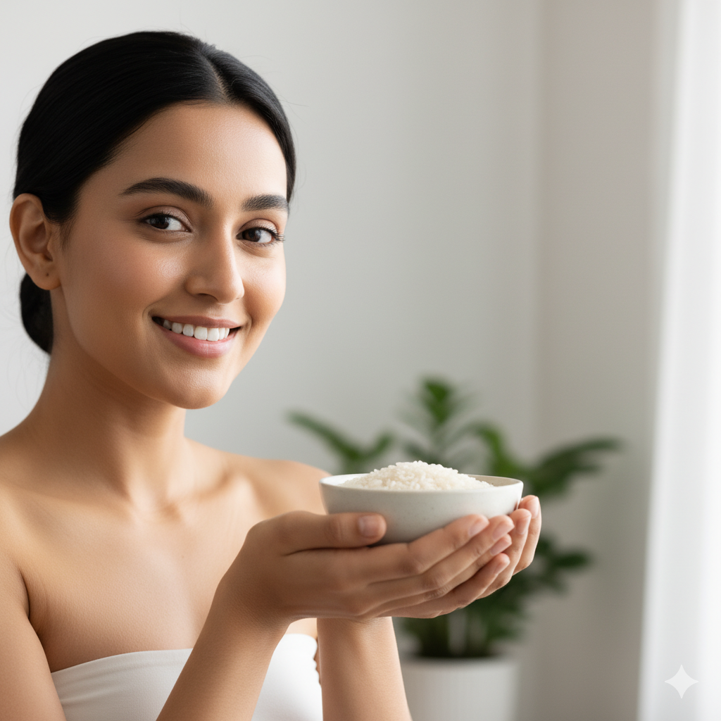 राइस फेशियल फॉर स्किन व्हाइटनिंग: एक मुस्कुराती हुई महिला अपने चेहरे के पास एक कटोरे में सफेद चावल पकड़े हुए है, जो चमकदार त्वचा दिखा रही है।