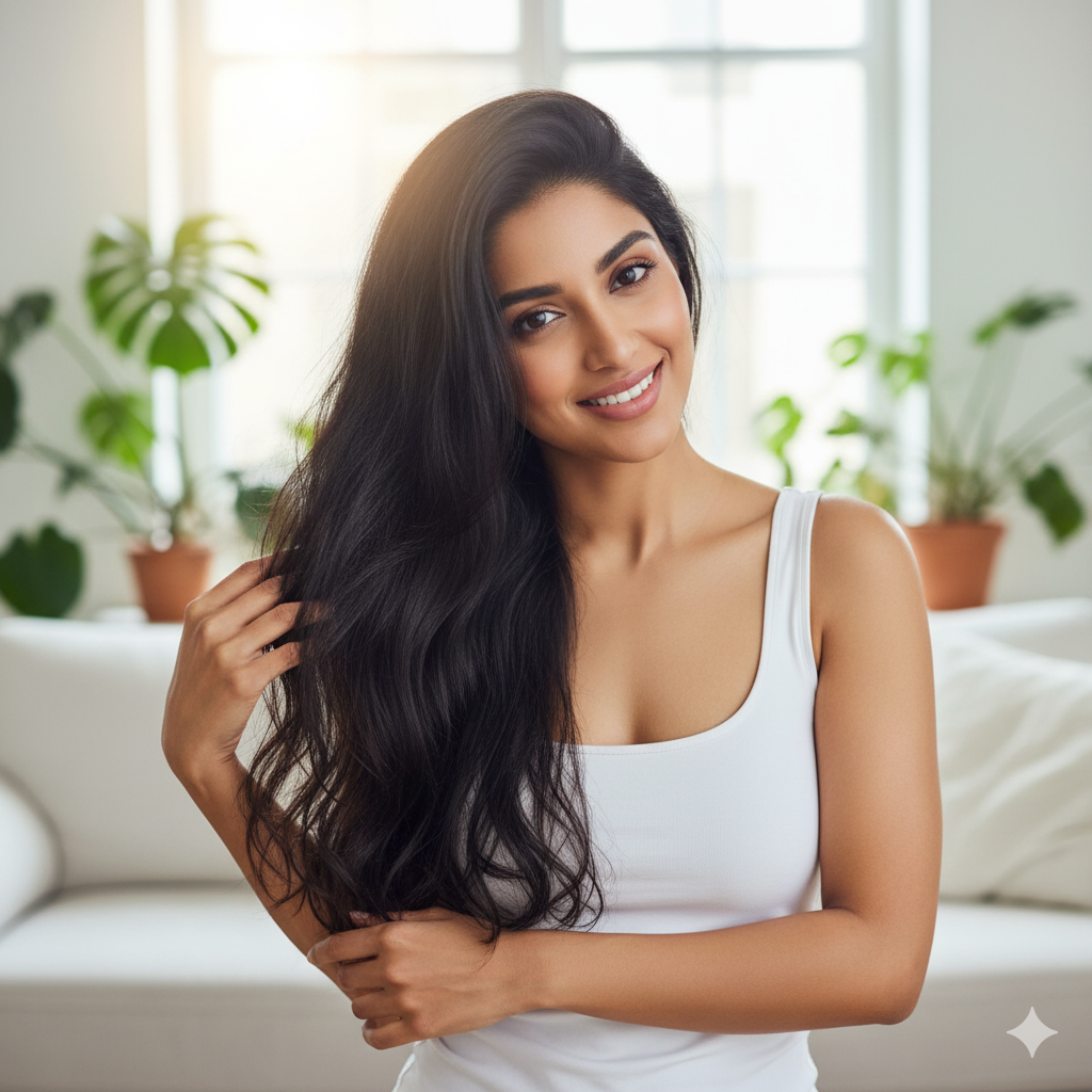घर पर हेयर स्पा करने के बाद शानदार परिणाम: एक महिला मुलायम, चमकदार और स्वस्थ बालों के साथ मुस्कुरा रही है।