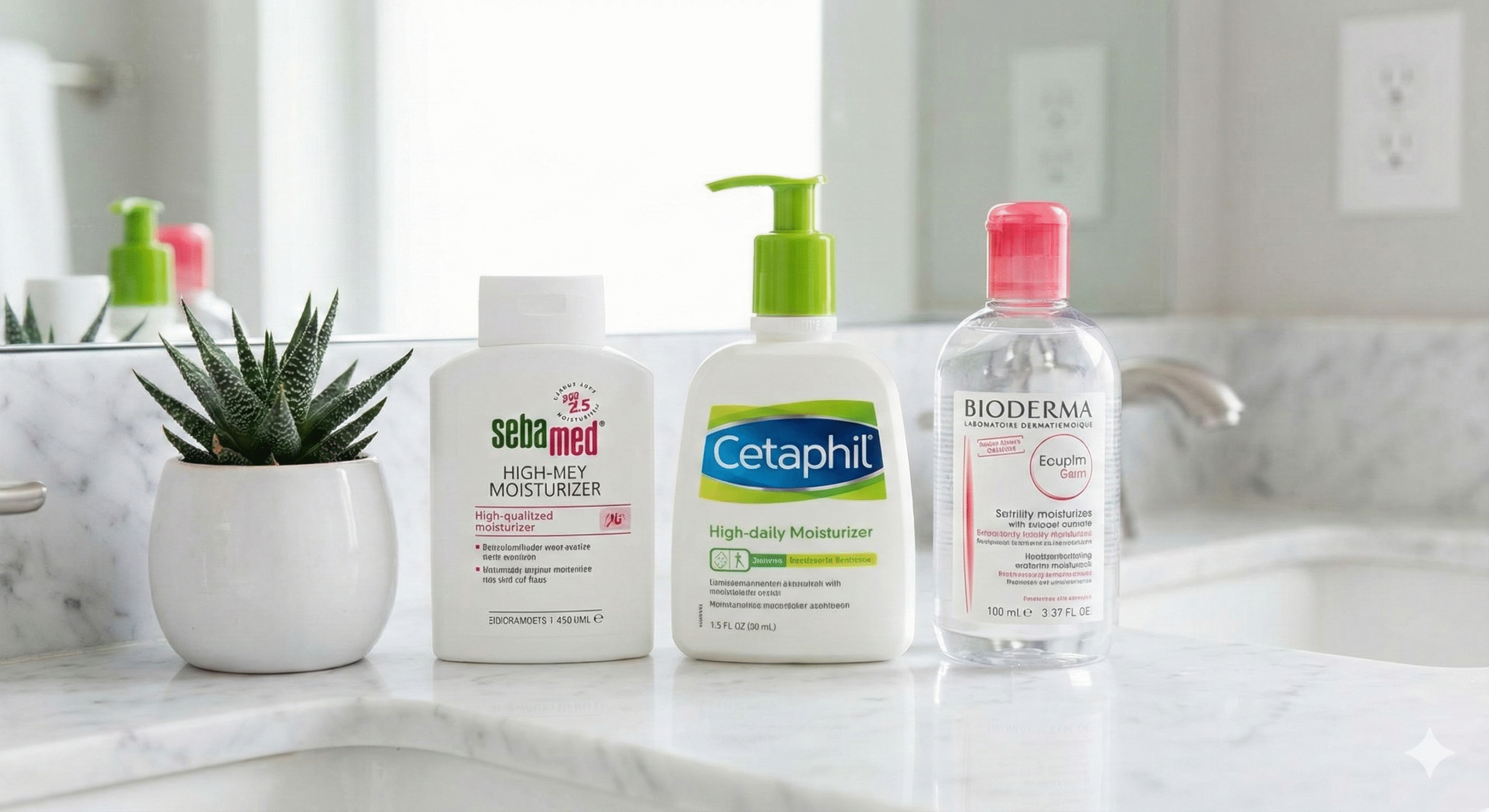 Three best winter moisturizers for glowing skin - Sebamed, Cetaphil, and Bioderma on white marble countertop